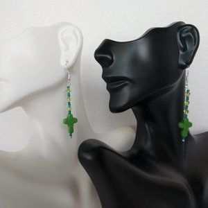Cross Beaded Earrings with Green Cross Stone Beads Green and Teal Beads 2.25 In